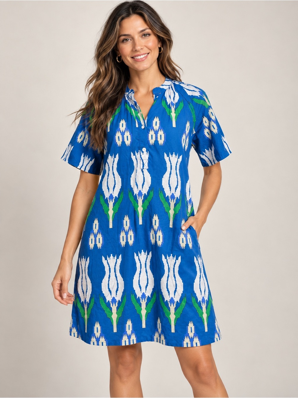 Oliphant sz XS blue and green 100% cotton popover dress